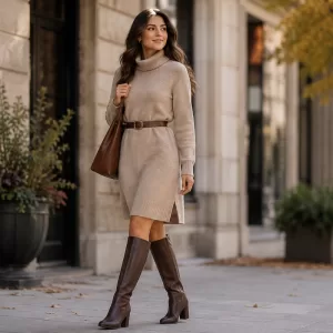 Sweater dress with boots hero image showing fall winter outfit combinations