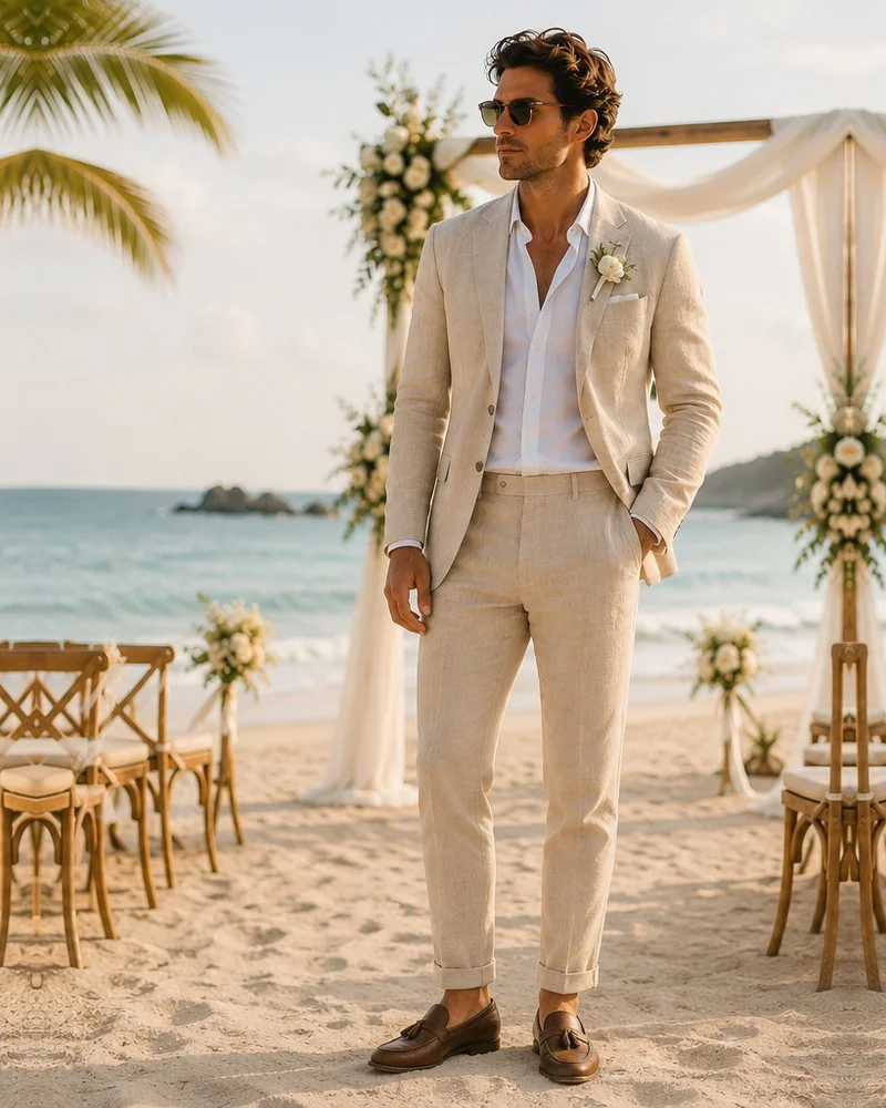 Beige Linen Suit + White Shirt + Brown Loafers