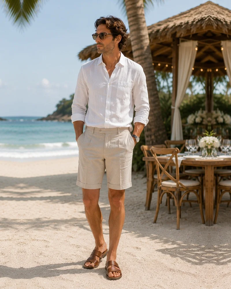 White Shirt + Tailored Beige Shorts + Leather Sandals