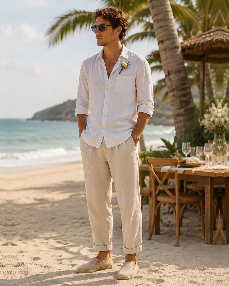 White Linen Shirt + Cream Trousers + Light Beige Espadrilles
