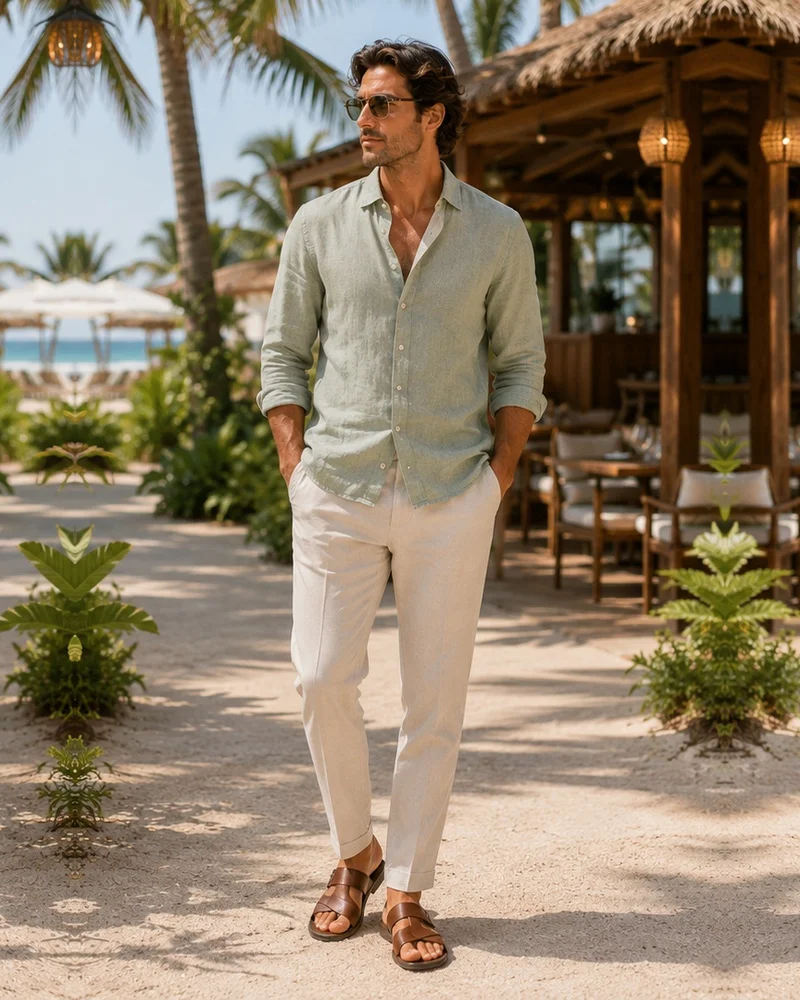 Sage Linen Shirt + Stone Trousers + Brown Sandals