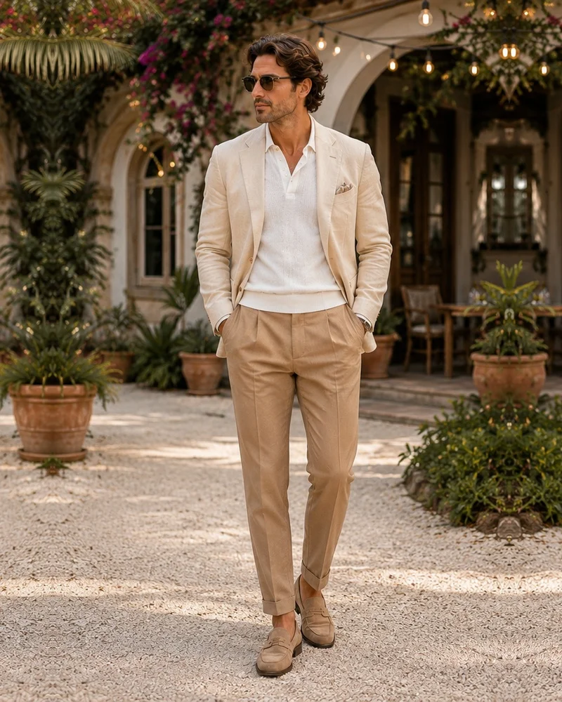 Cream Linen Blazer + White Polo + Tan Trousers + Loafers