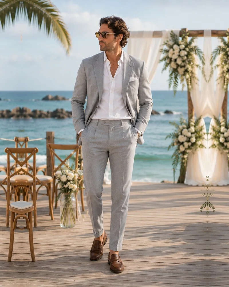 Light Gray Suit + White Open-Collar Shirt + Brown Loafers