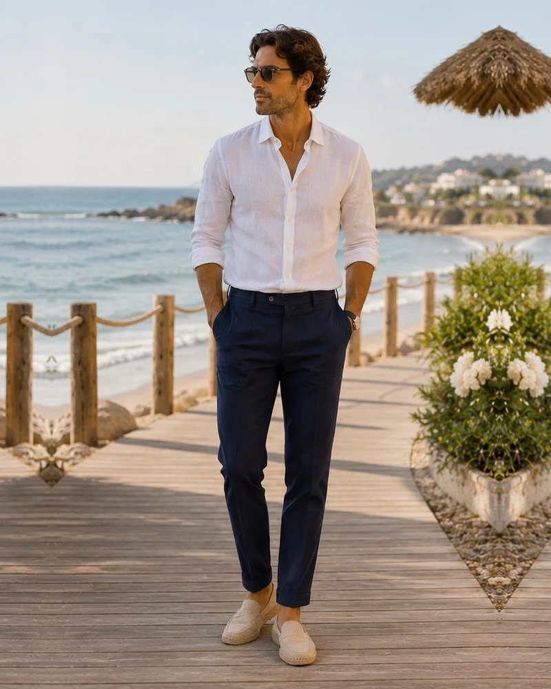 White Linen Shirt + Navy Trousers + Espadrilles