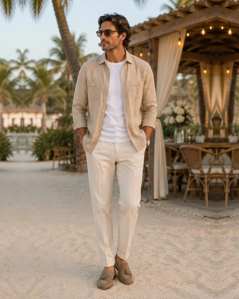 Sand Overshirt + White T-Shirt + Cream Trousers + Suede Loafers