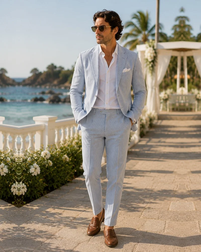 Seersucker Suit + White Shirt + Brown Loafers