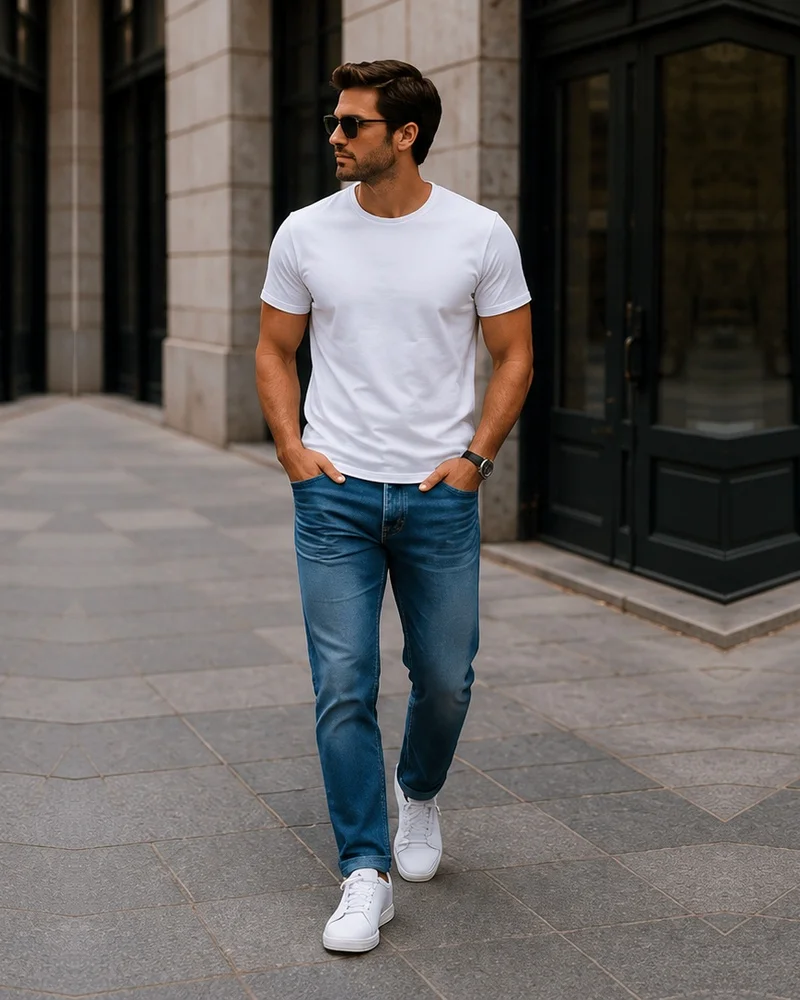 White T-Shirt + Blue Jeans + White Sneakers