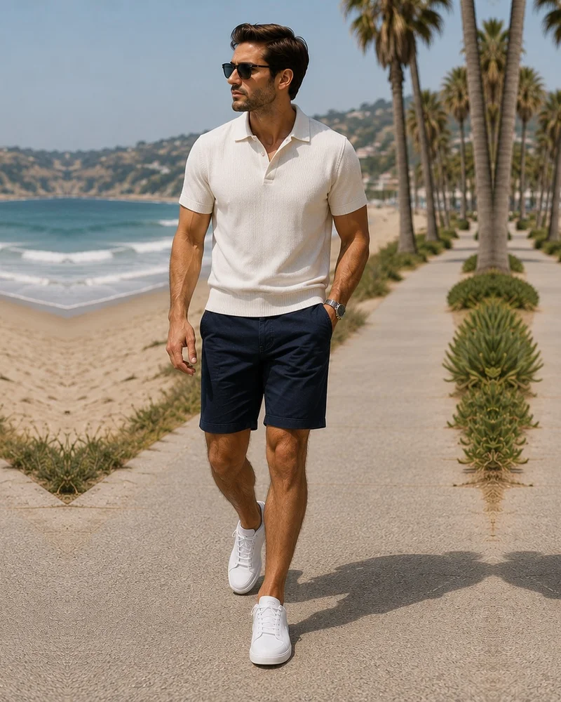 Cream Polo + Navy Shorts + White Sneakers