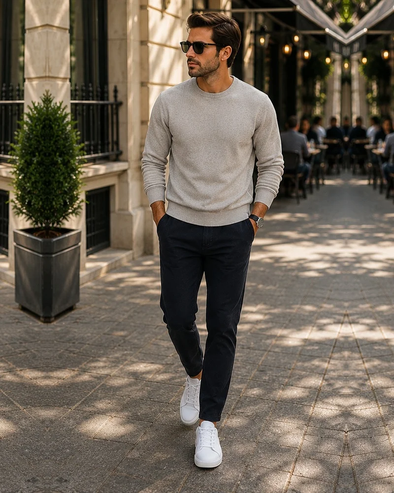 Light Gray Crewneck + Navy Trousers + White Sneakers