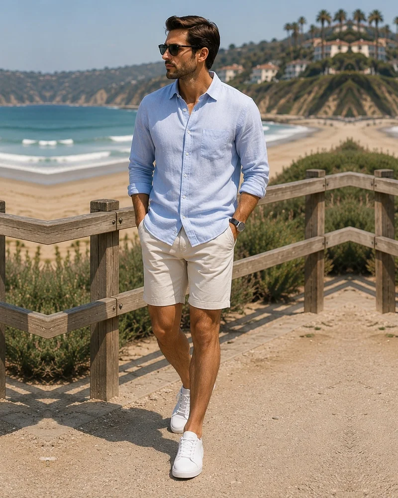 Light Blue Linen Shirt + Cream Shorts + White Sneakers