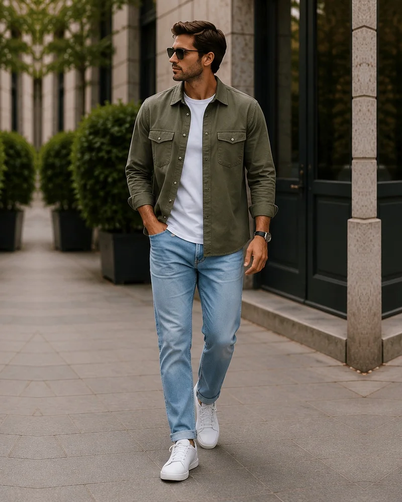 Olive Overshirt + White T-Shirt + Light Wash Jeans + White Sneakers