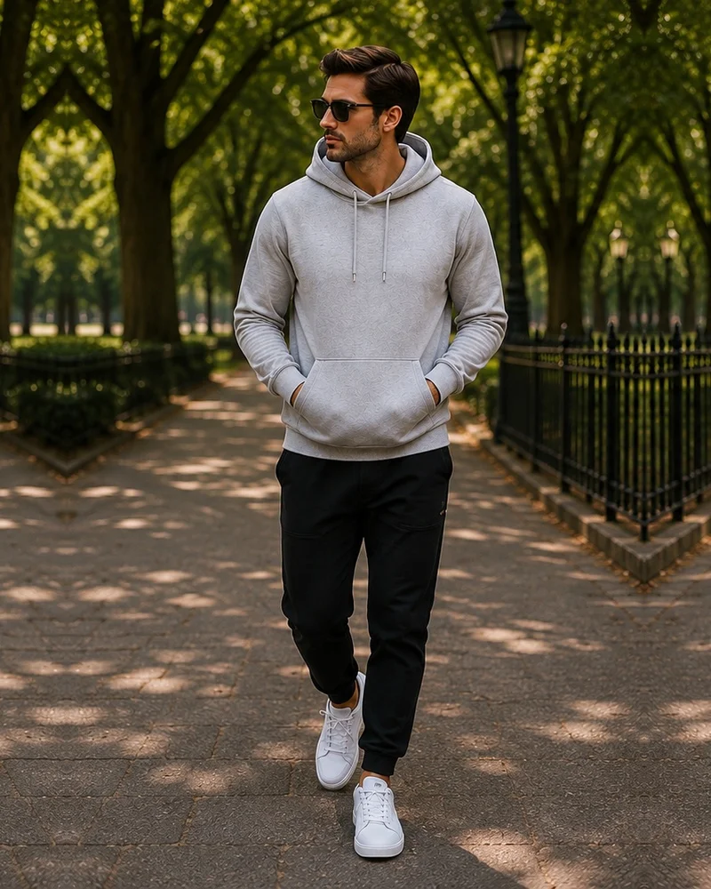 Gray Hoodie + Black Joggers + White Sneakers