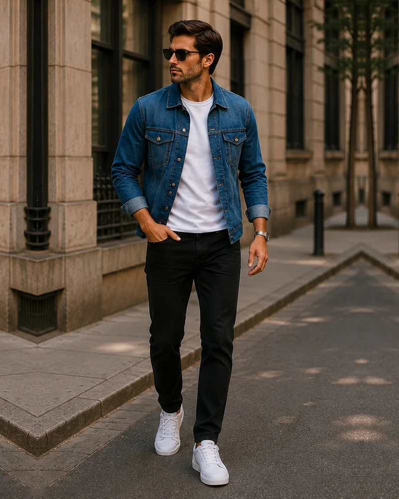 Denim Jacket + White T-Shirt + Black Jeans + White Sneakers