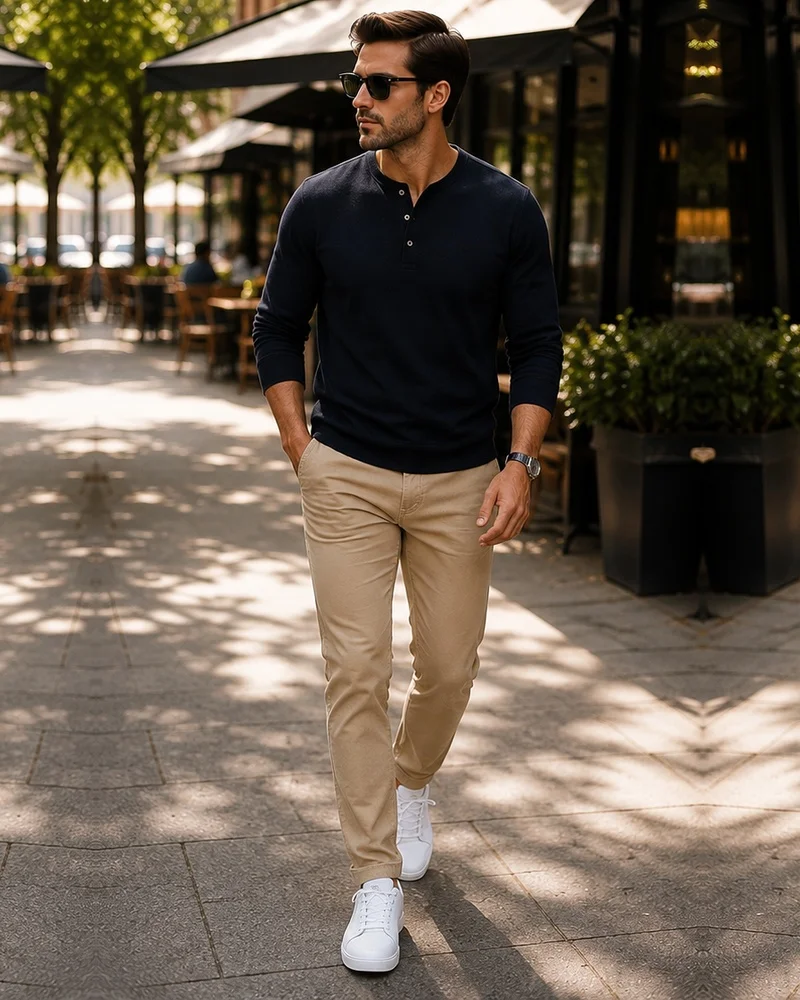 Black T-Shirt + Relaxed Beige Pants + White Sneakers