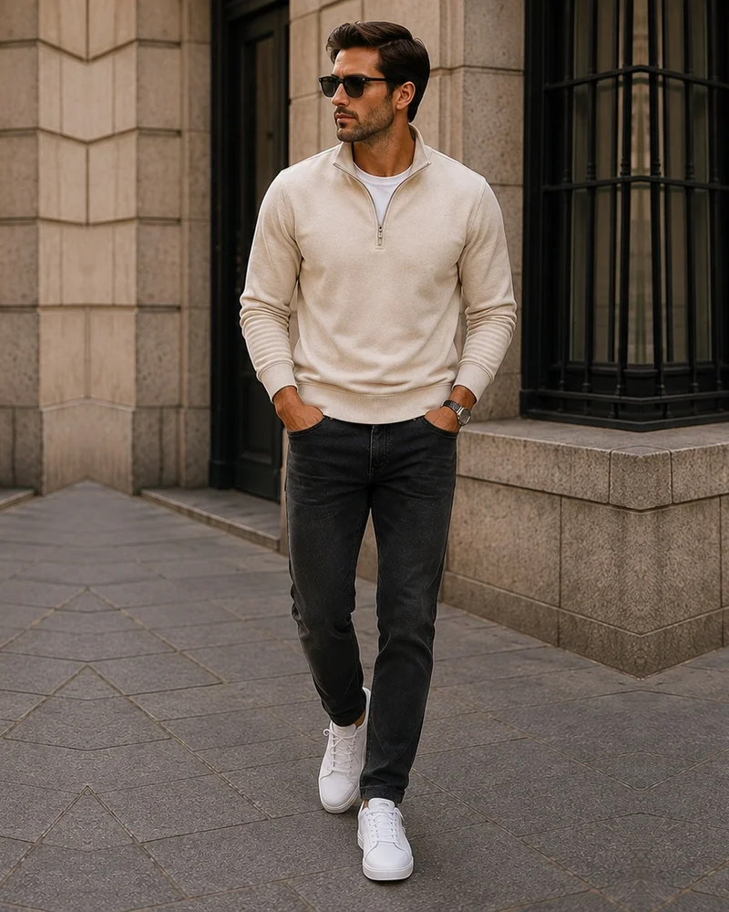 Cream Quarter-Zip + Black Jeans + White Sneakers