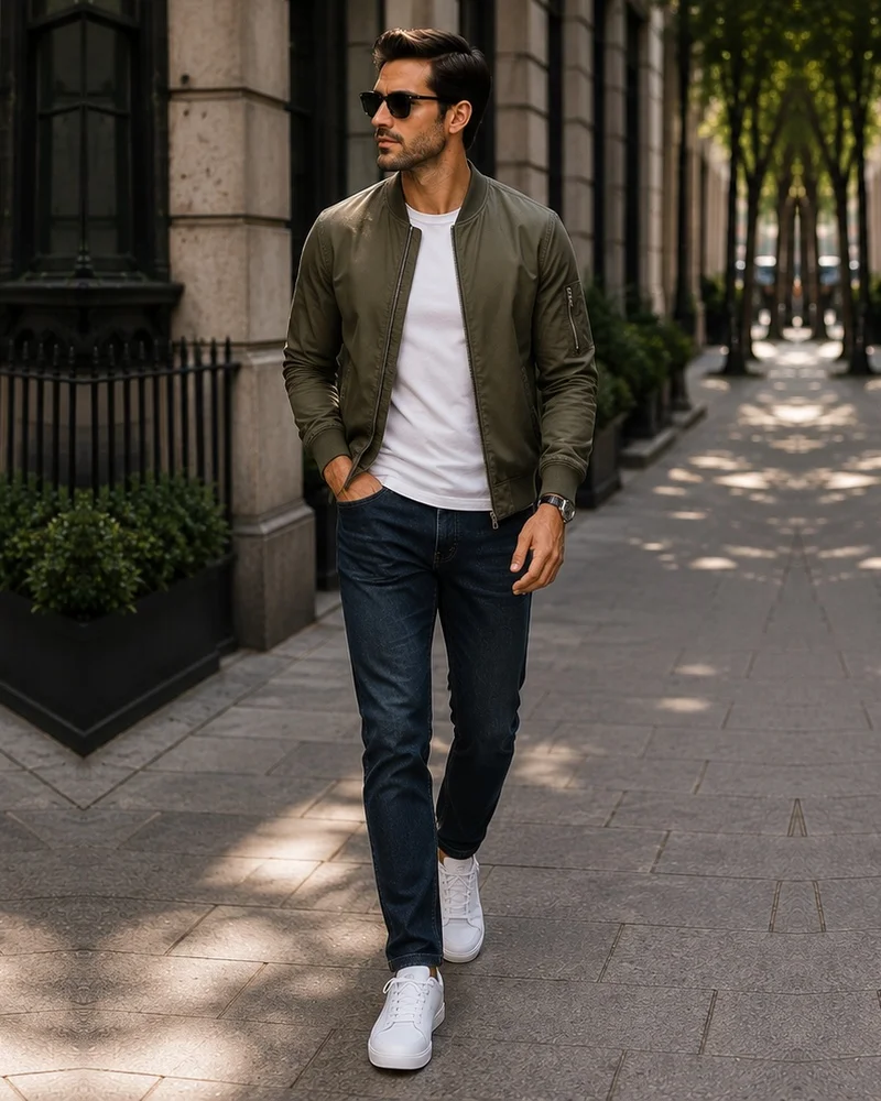 Olive Bomber Jacket + White T-Shirt + Dark Jeans + White Sneakers