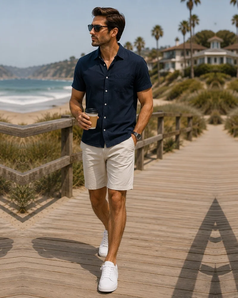 Navy Short-Sleeve Shirt + Beige Shorts + White Sneakers