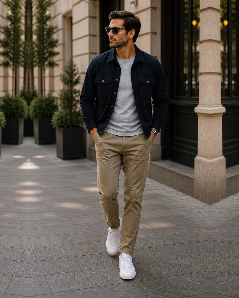 Navy Overshirt + Gray T-Shirt + Beige Chinos + White Sneakers