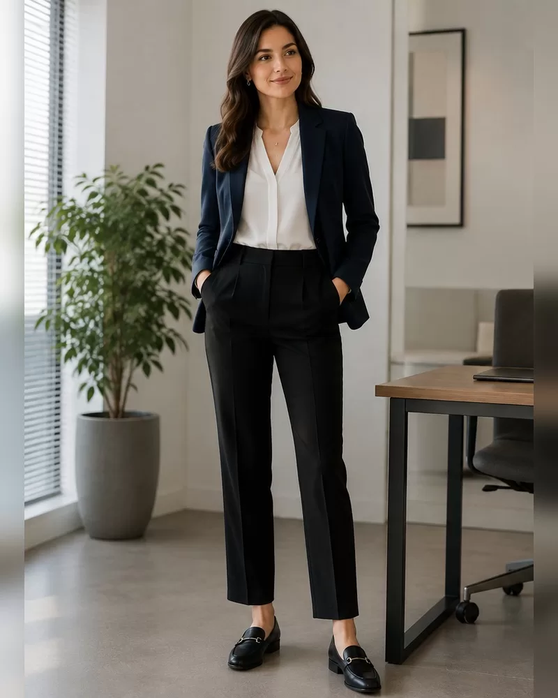 Navy blazer with white blouse and black trousers with loafers for corporate office interview