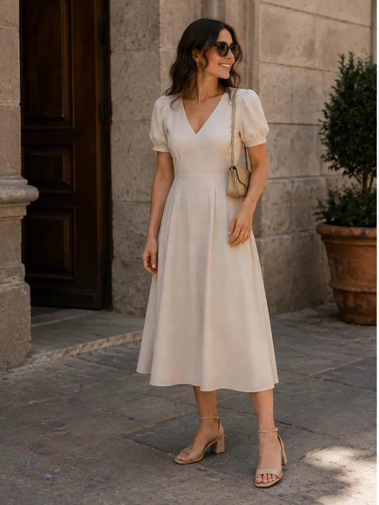 Midi dress with block heels and small shoulder bag for wedding guest outfit