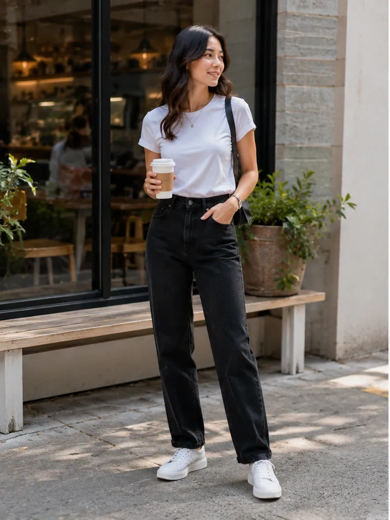 White t-shirt with black jeans and white sneakers for casual weekend outfit