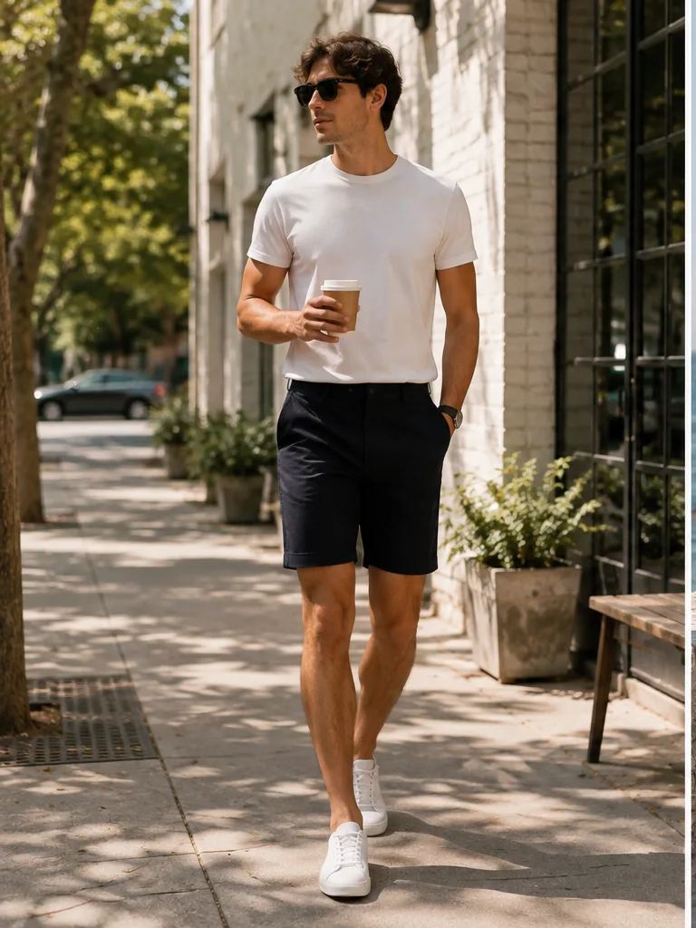white t-shirt with tailored shorts and white sneakers for casual weekend men summer outfit