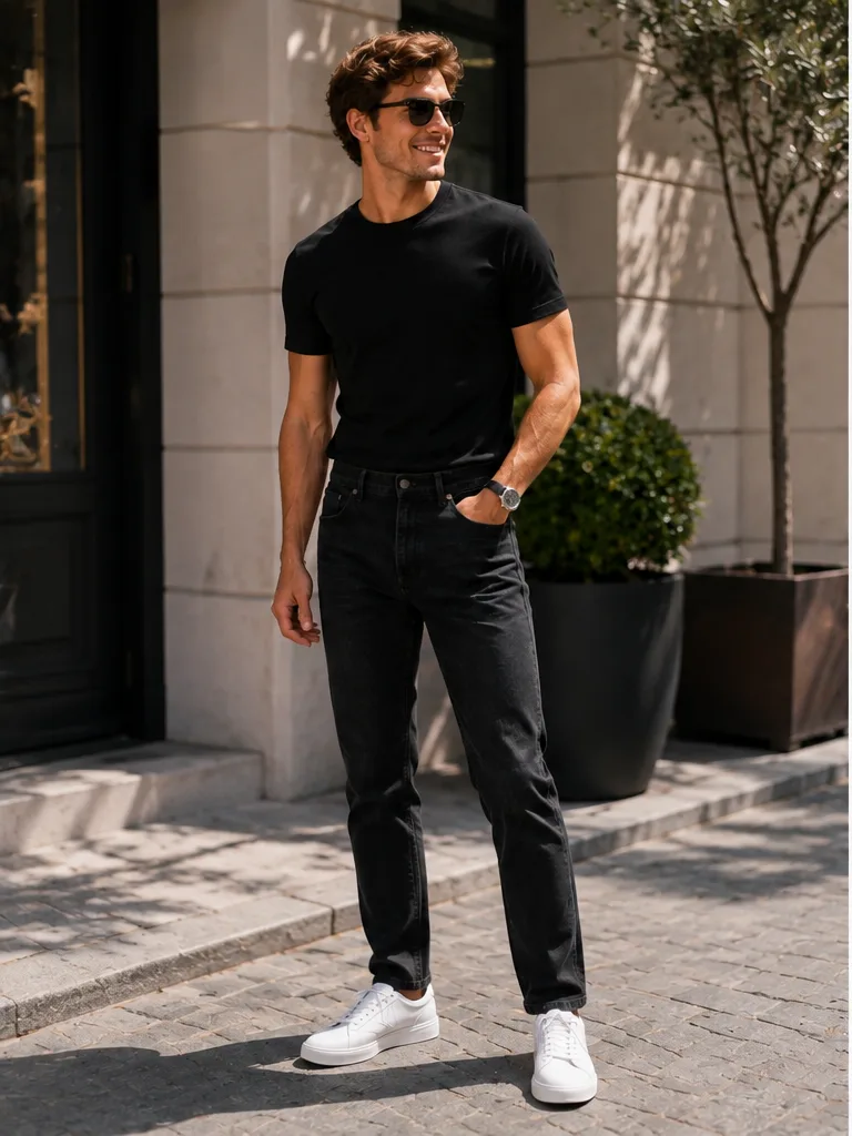 black t-shirt with dark jeans and white sneakers for house party outfit