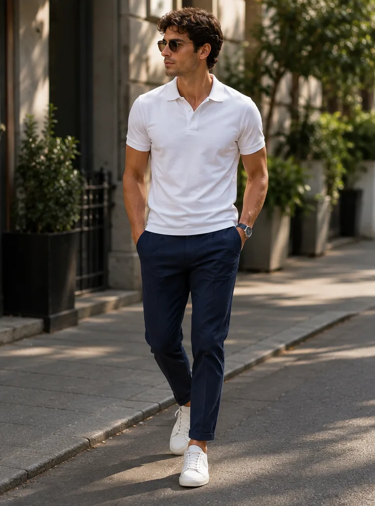 white polo and navy chinos and white sneakers for casual-office outfit