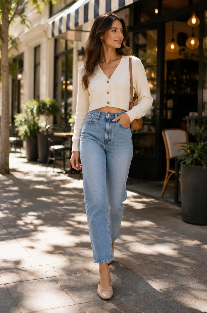 cropped cardigan and high-waisted jeans and ballet flats for casual-date outfit