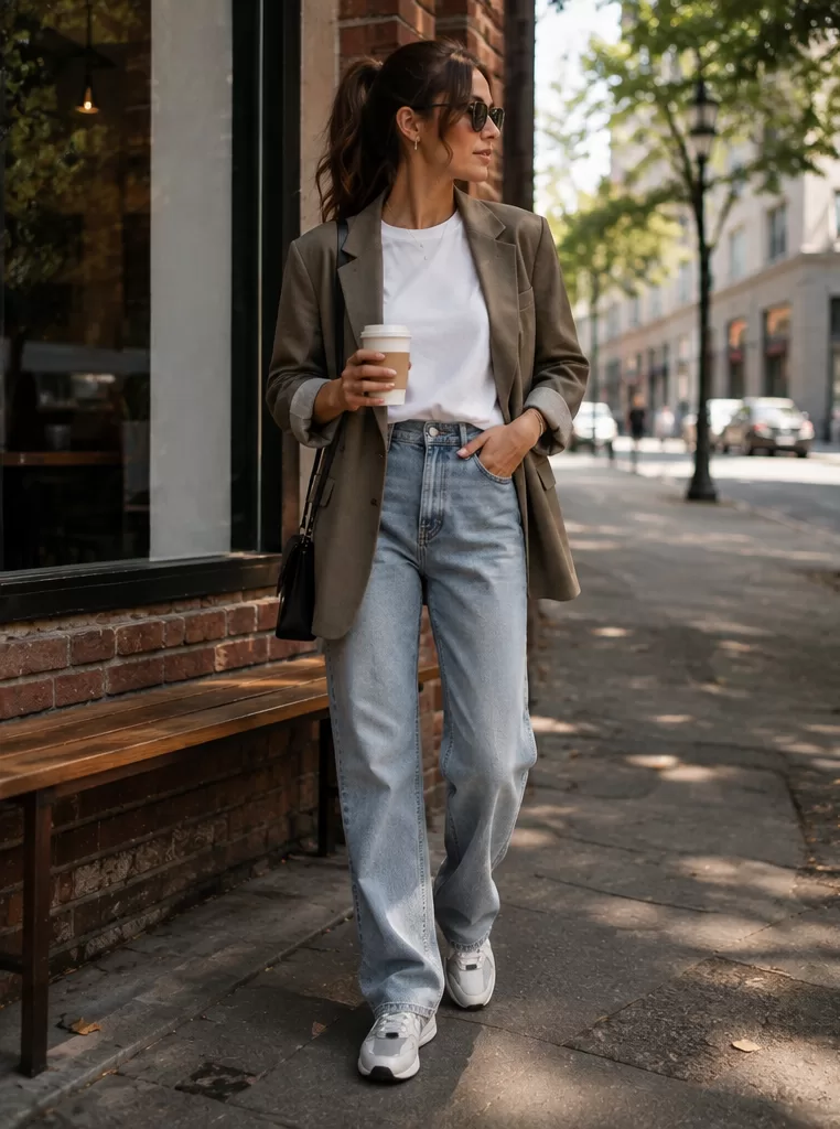Oversized Blazer + White T-Shirt + Straight-Leg Jeans + Sneakers