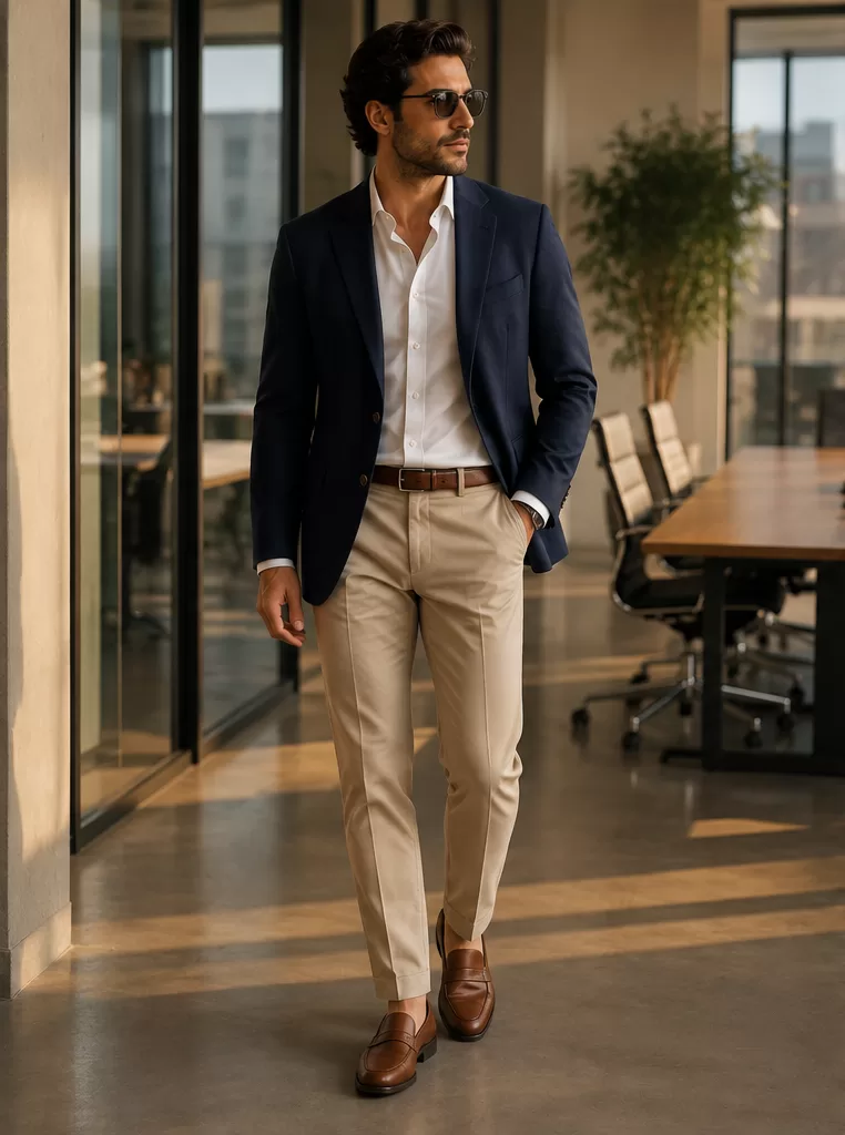 Navy Blazer + White Shirt + Beige Chinos + Brown Loafers