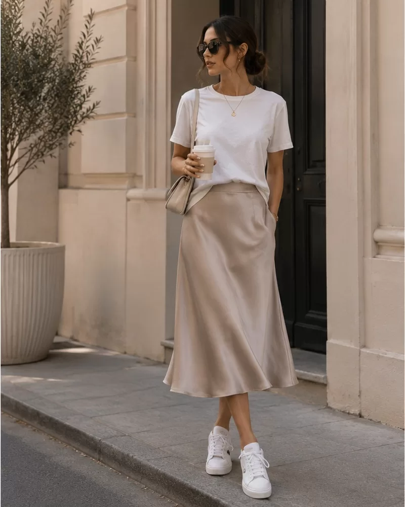 Satin midi skirt with white t-shirt and sneakers for casual weekend brunch outfit