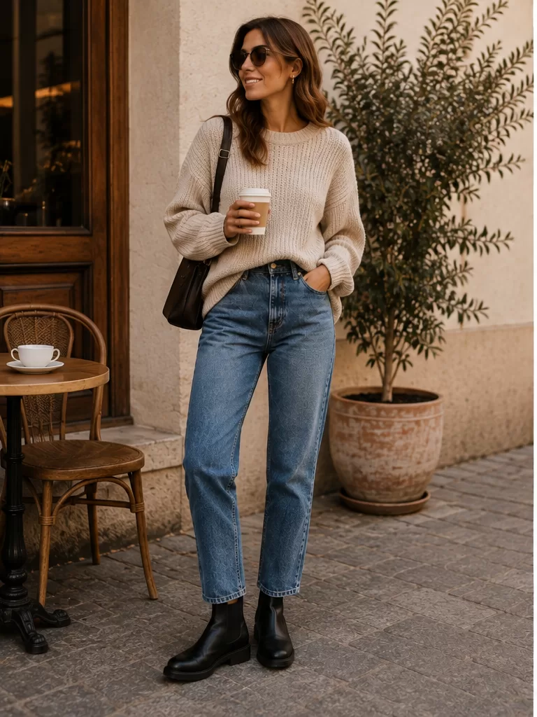 Straight-Leg Jeans With Knit Sweater With Black Chelsea Boots for casual weekend outfit