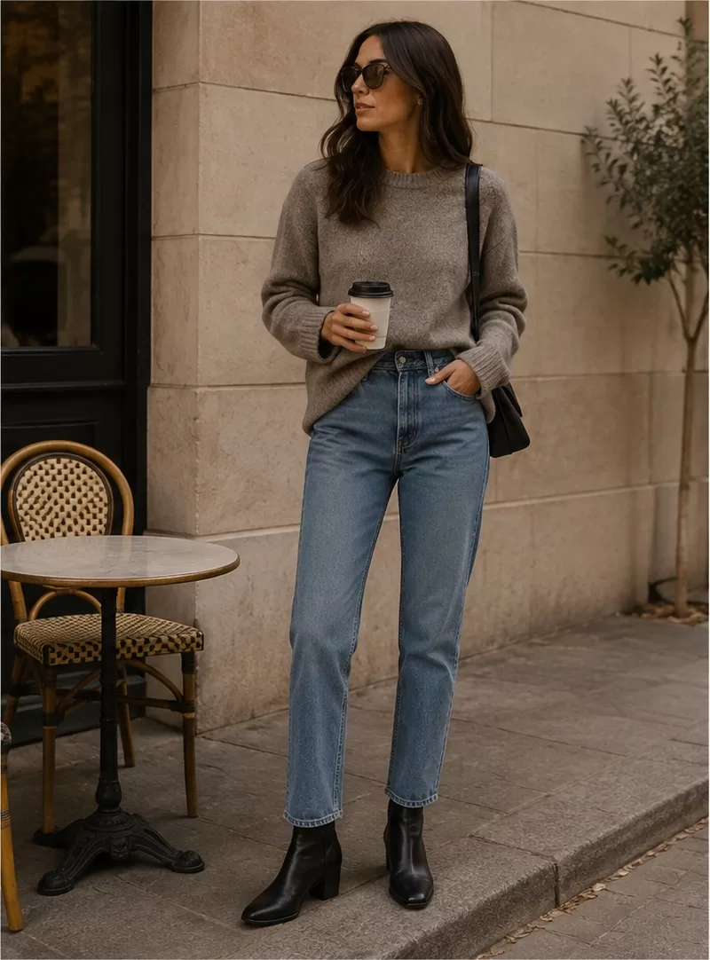 Straight-Leg Jeans With Sweater With Black Ankle Boots for casual weekend outfit