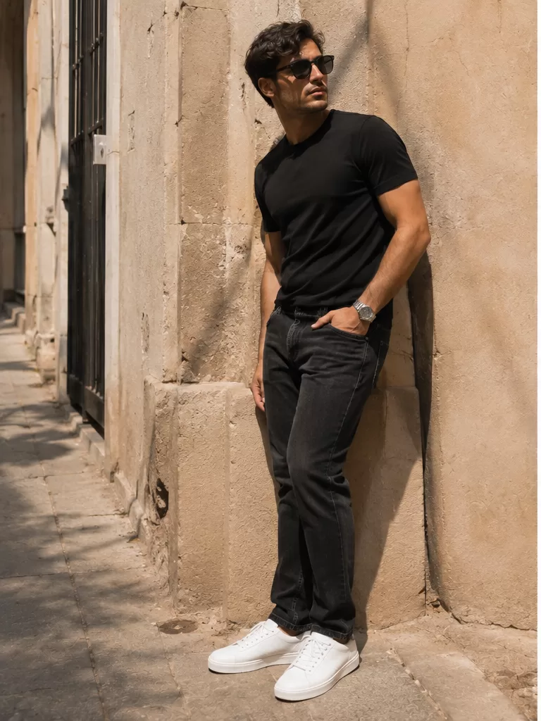 Black T-Shirt With Dark Jeans With White Sneakers for night out outfit