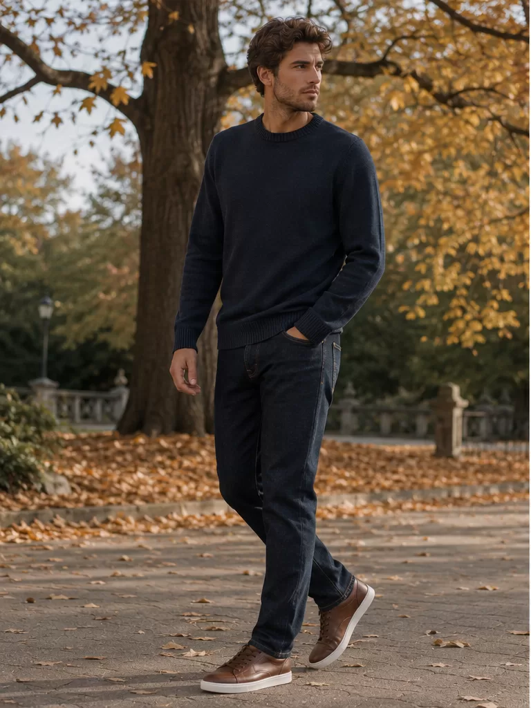 Crewneck Sweater With Dark Jeans With Leather Sneakers for casual weekend outfit