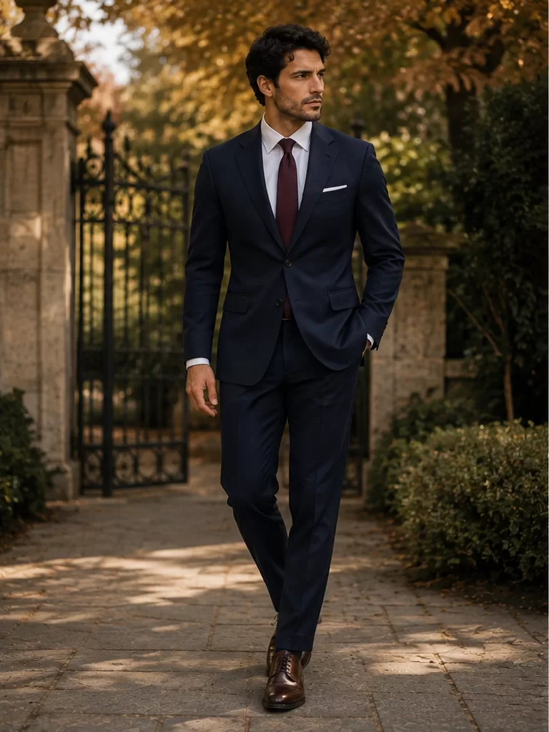 Navy Suit With White Shirt With Burgundy Tie With Brown Oxfords for wedding guest outfit