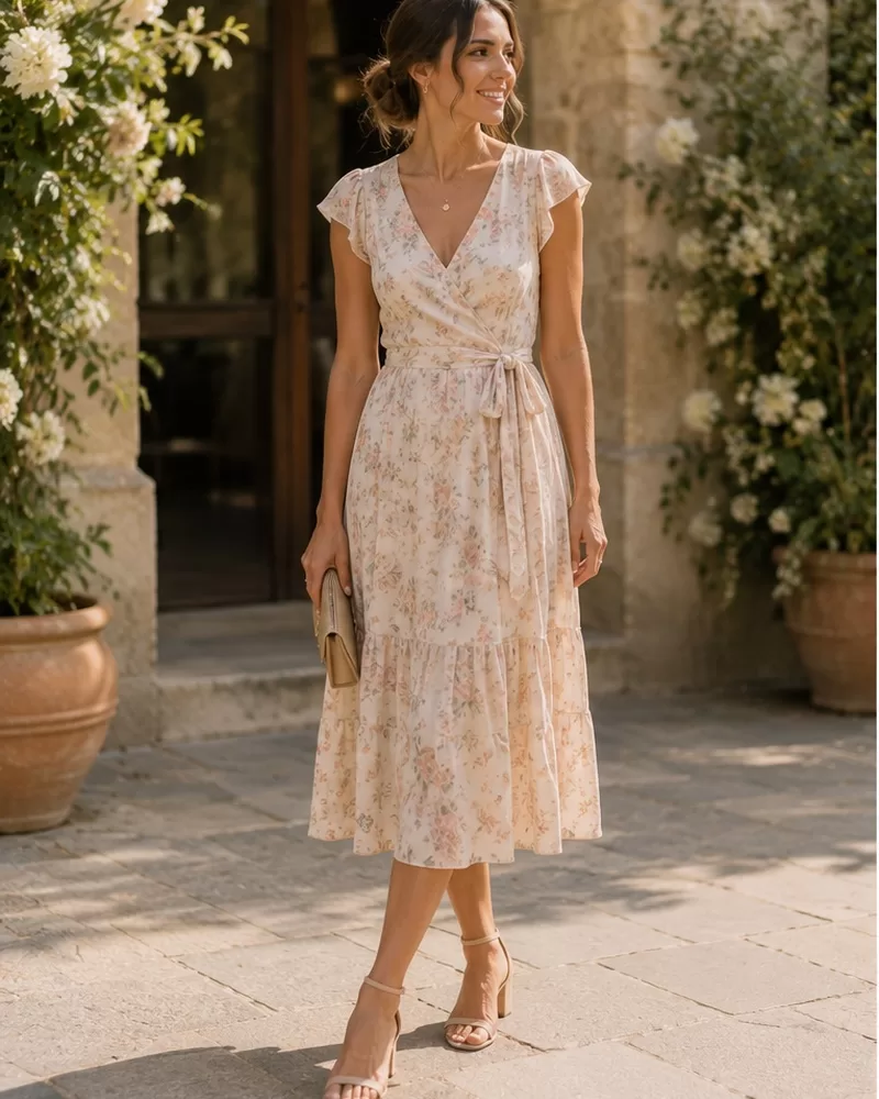 Light floral wrap midi dress with nude block heels for casual wedding guest