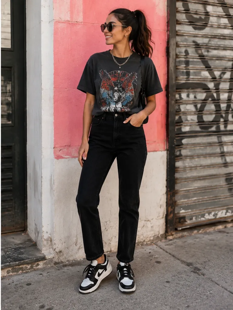 Graphic tee with black jeans and statement sneakers for creative casual outfit