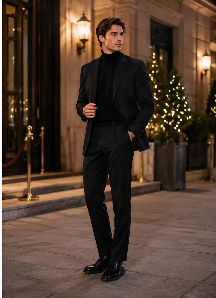 turtleneck with blazer tailored trousers and dress shoes for holiday party outfit