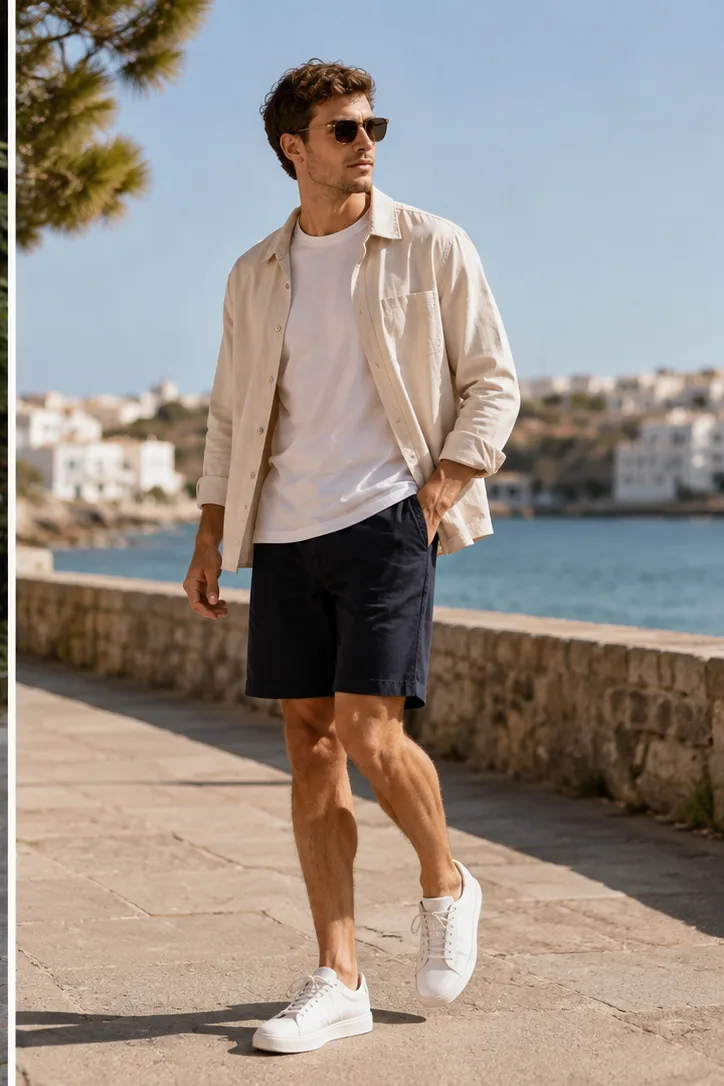 lightweight overshirt with t-shirt shorts and sneakers for travel day outfit