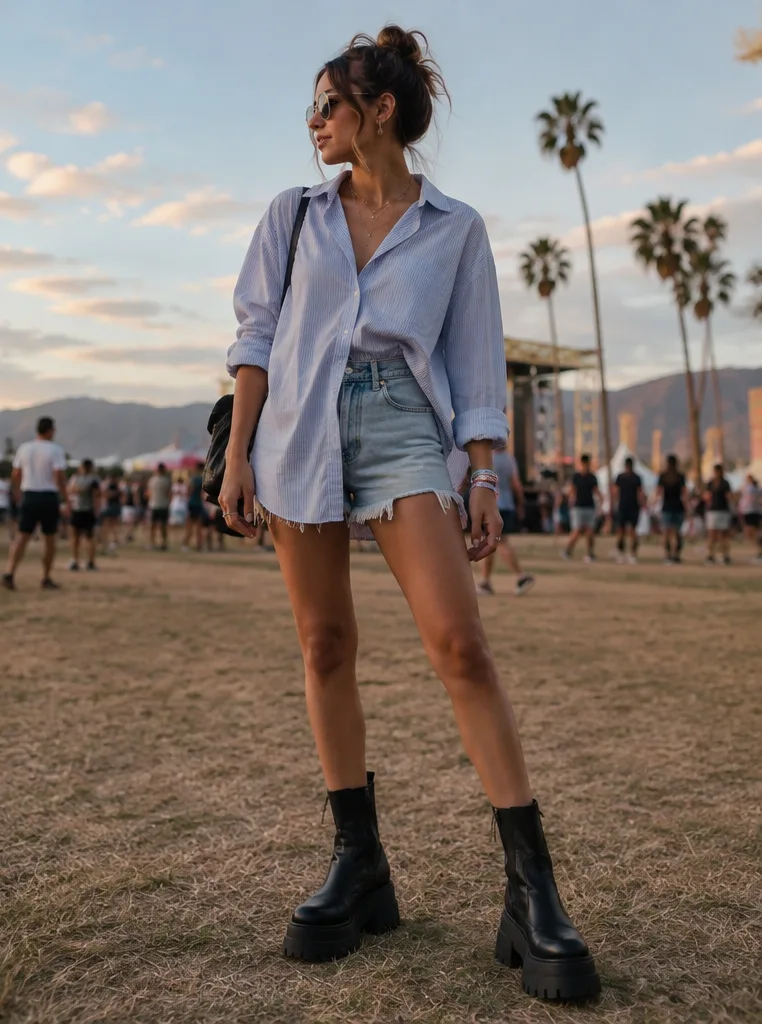 denim shorts and oversized shirt and platform boots for festivals outfit