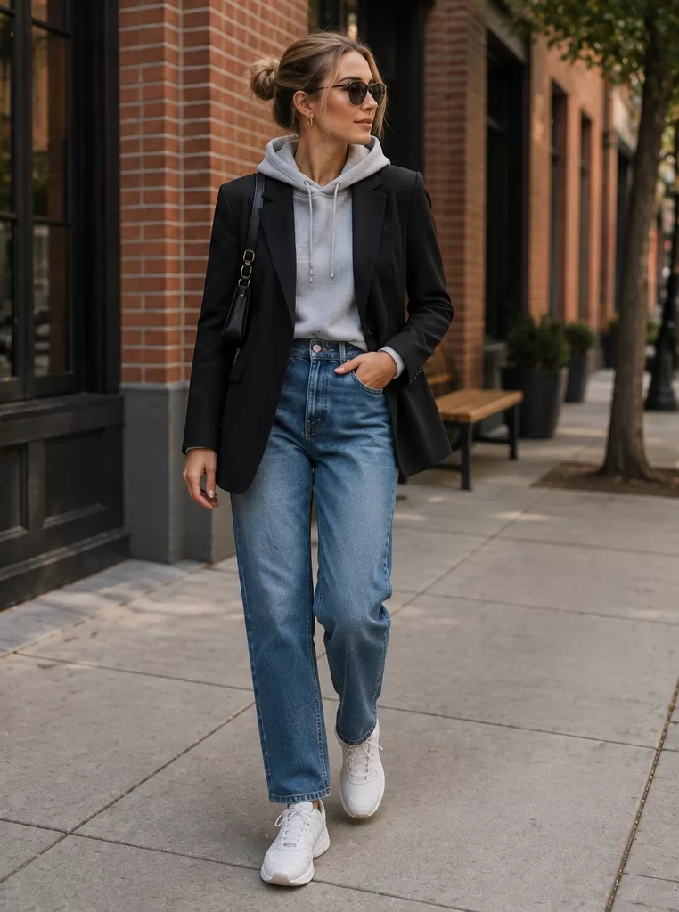 Blazer + Hoodie + Straight-Leg Jeans + Sneakers