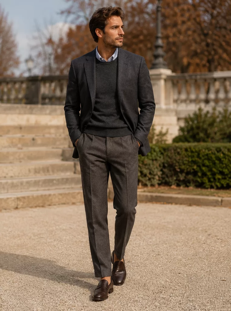 Blazer + Fine-Knit Sweater + Wool Trousers + Loafers