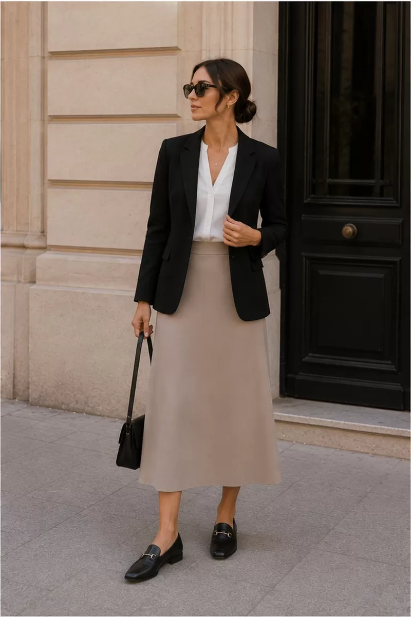 Neutral midi skirt with blazer and loafers for office presentation outfit
