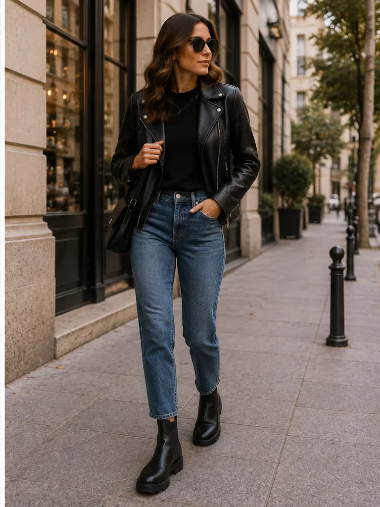 Leather Jacket With Jeans With Chunky Chelsea Boots for winter casual outfit