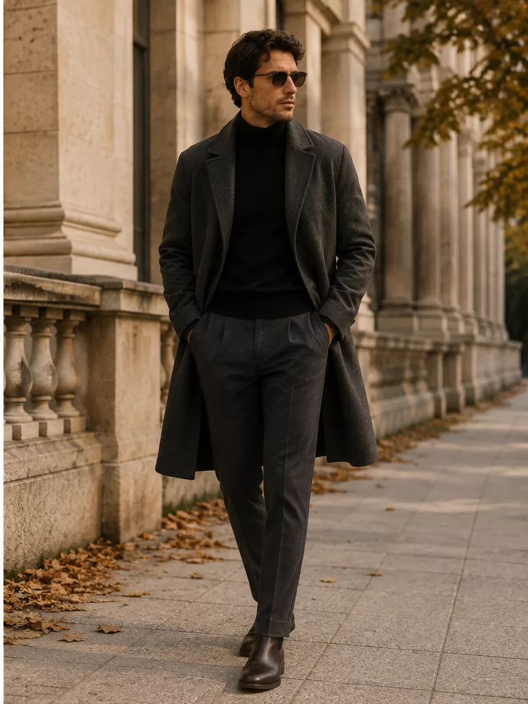 Wool Coat With Turtleneck With Trousers With Chelsea Boots for cold morning outfit