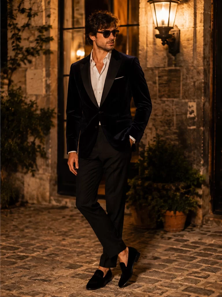 Velvet Dinner Jacket With Black Trousers With Dress Shirt With Loafers for holiday party outfit