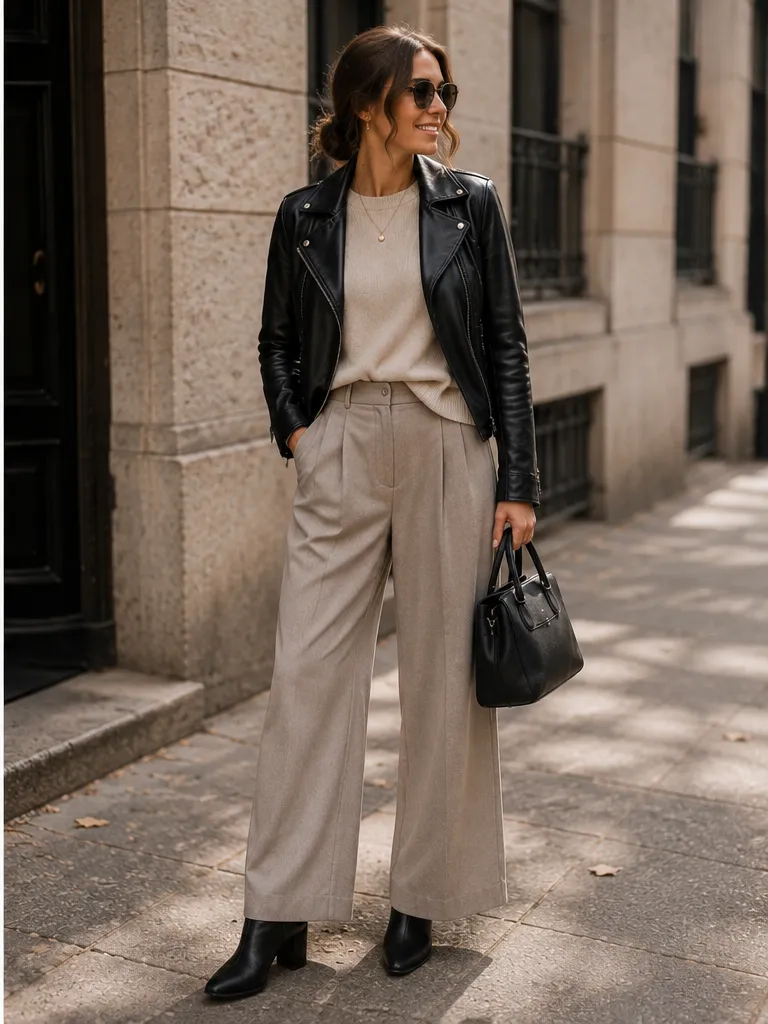 Sweater with wide-leg trousers and leather jacket with ankle boots for fall workday outfit