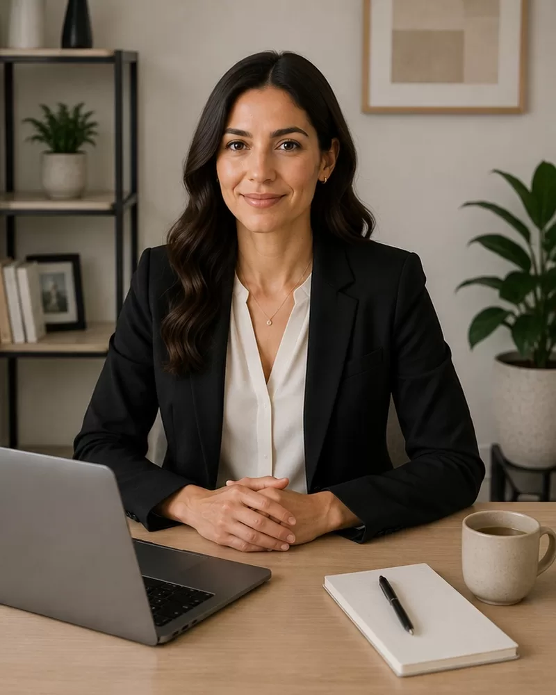 Solid blouse with blazer and simple trousers for virtual video interview
